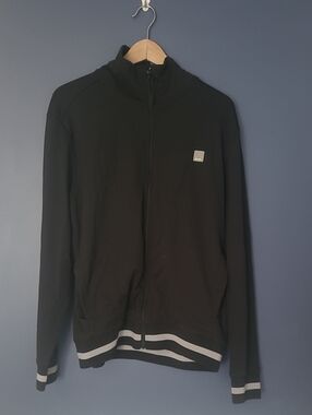 Bench Black Zip-Up Sweater Jacket with White Stripe Accents
